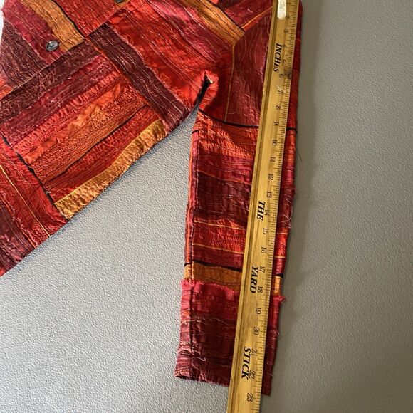 Vintage CHICOS Silk Shacket Patchwork Metallic Button Long Sleeve Womens 0 S Red - Picture 9 of 10